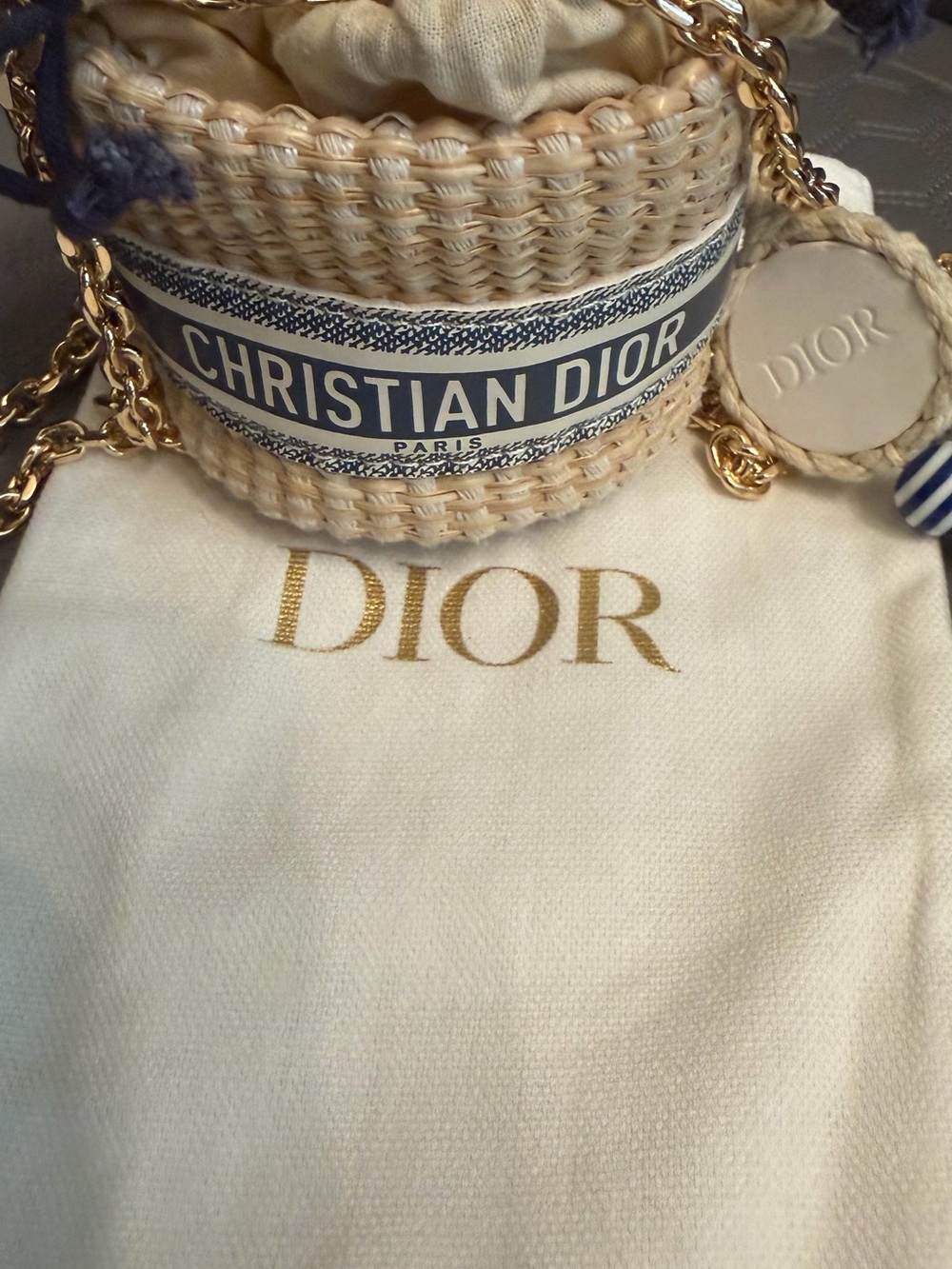 Dior Mini Raffia Bucket Bag Natural and Navy with Gold Chain and original strap - Picture 5 of 12